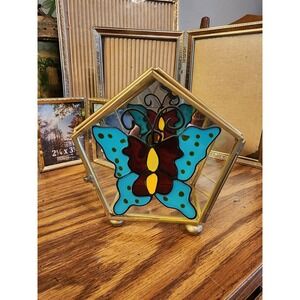 Vintage Butterfly Stained‎ Glass & Brass Footed Trinket Jewelry Display Box